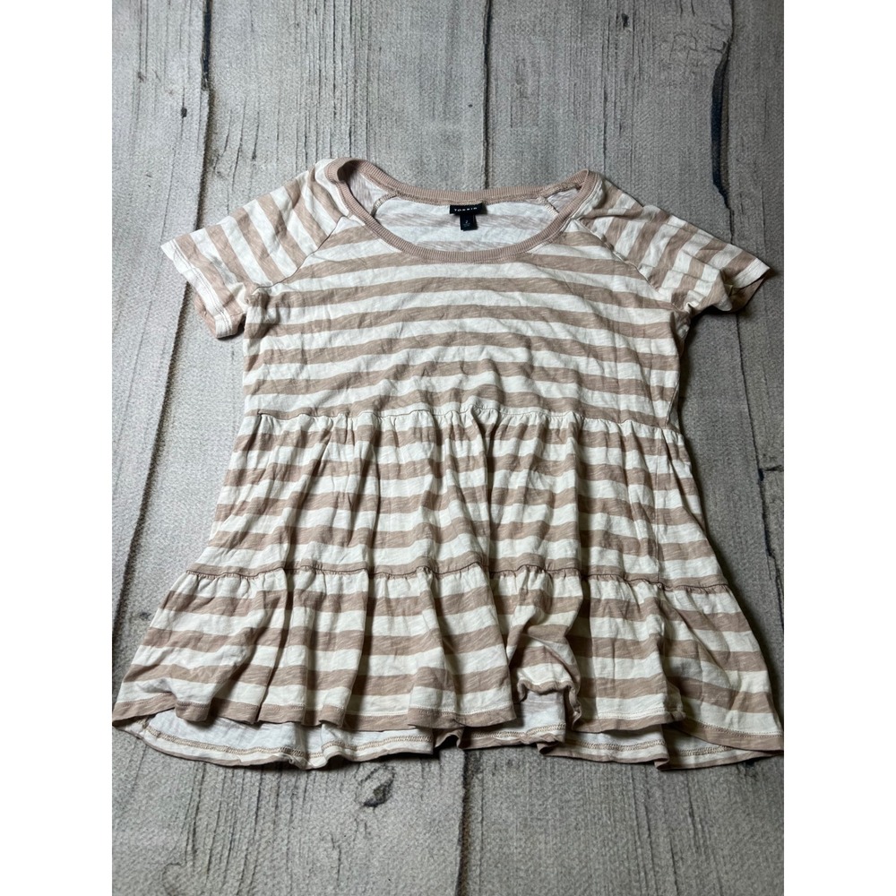 Torrid Babydoll T-Shirt‎ Womens 2 Tan White Striped Boho Tiered Casual Tee